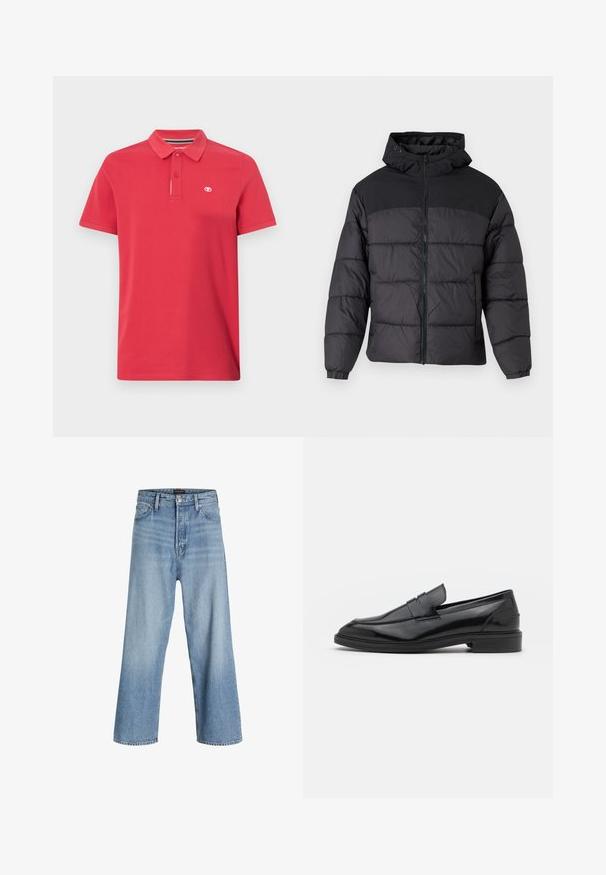 Giacca a vento nera con cappuccio, dotata di chiusura zip frontale, polsini elastici e un design trapuntato. La parte superiore è in tessuto liscio.; Polo shirt rosso in cotone con colletto classico, patta con tre bottoni e piccolo logo ricamato sul lato sinistro del petto. Maniche corte.; Jeans blu chiaro a gamba larga realizzati in denim, con vita alta, classico design a cinque tasche e chiusura a bottone con zip.; Mocassini in pelle nera con finitura liscia, caratterizzati da una punta tonda e una fascia stretta sulla parte superiore. Tacco basso impilato.