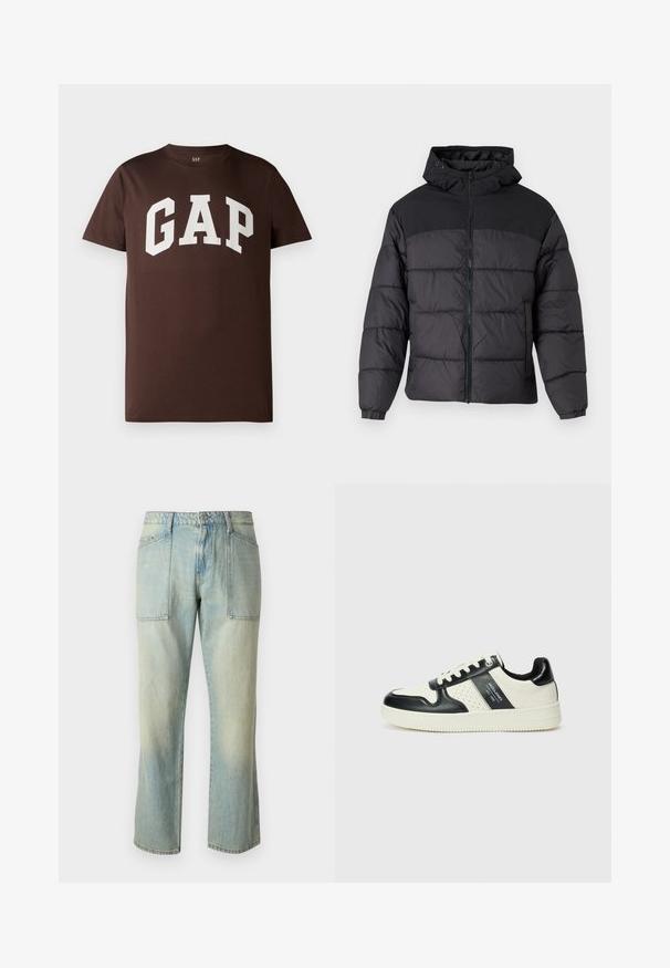 Črna puhovka s kapuco, z zadrgo spredaj, elastičnimi manšetami in kvačkanjem. Zgornji del je iz gladkega materiala.; Brahna bomba T-maica s temno rjavim odtenkom, ki prikazuje belo "GAP" logotip v drzni, kolidžski pisavi. Kratke rokave in okroglo izreza. Gladko teksturo.; Svetlo modri jeans s ravnim krojem, vidnim šivanjem in dvema velikima sprednjima žepoma. Tkanina ima zbledel videz.; Usnjeni športni čevlji z črno in krem barvno shemo, ki vključujejo perforirane dodatke, podložen ovratnik in strukturirano podplat.
