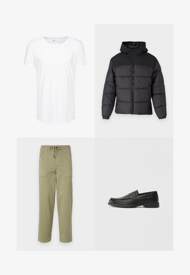 Crna puf jakna s kapuljačom, s prednjim zipom, elastičnim manžetama i kuglastim dizajnom. Gornji deo je od glatkog materijala.; Bijela majica s kratkim rukavima izrađena od mekog pamučnog materijala. Ima okrugli izrez i opušteni kroj s diskretnom oznakom branda na rubu.; Svijetlo maslinasto zelene hlače od mješavine pamuka, sa elastičnom strukom i vezicom, te dva velika bočna džepa.; Crne kožne mokasine s glatkom površinom, gornji dio u stilu mokasina, ojačani šavovi i gumeni potplat. Klasičan dizajn s niskom petom.