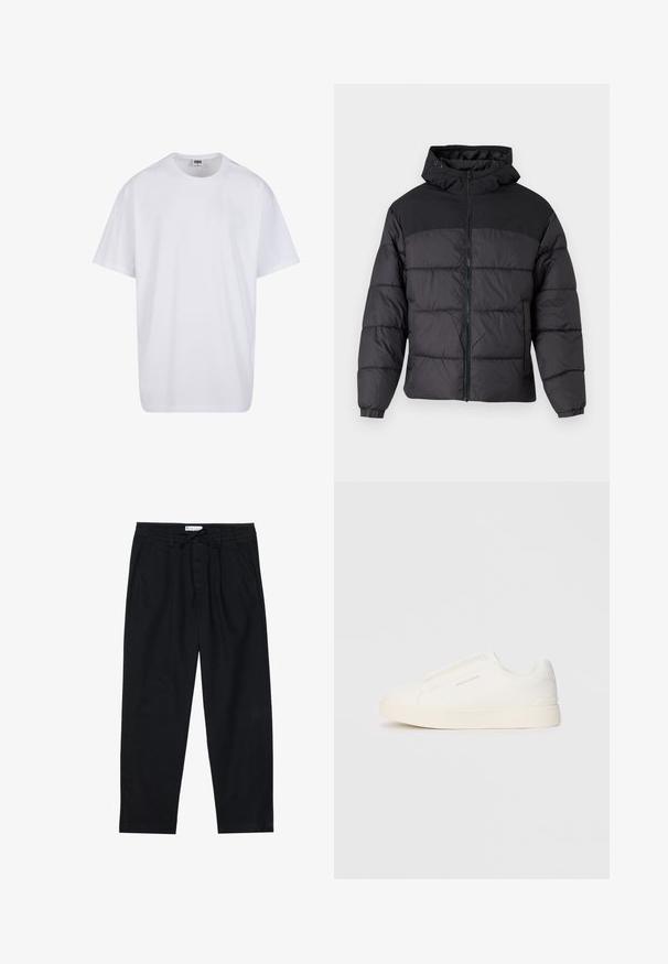 Mustas puffy jakk, millel on kapuuts, esi tõmblukk, elastsed varrukaotsad ja qm vapustav värveldisain. Ülemine osa on siledast kangast.; Valge puuvillane t-särk lühikeste varrukatega, ümmarguse kaelusega, lõdva lõikega ja ilma nähtavate logodeta või mustriteta. Sile tekstuur ja minimaalne disain.; Pier One Chino-püksid - black; Valged libisemiskindlad tossud tekstuuriga pinnaga, paksu tallaga ja minimalistikus disainis. Küljel on brändi logo.
