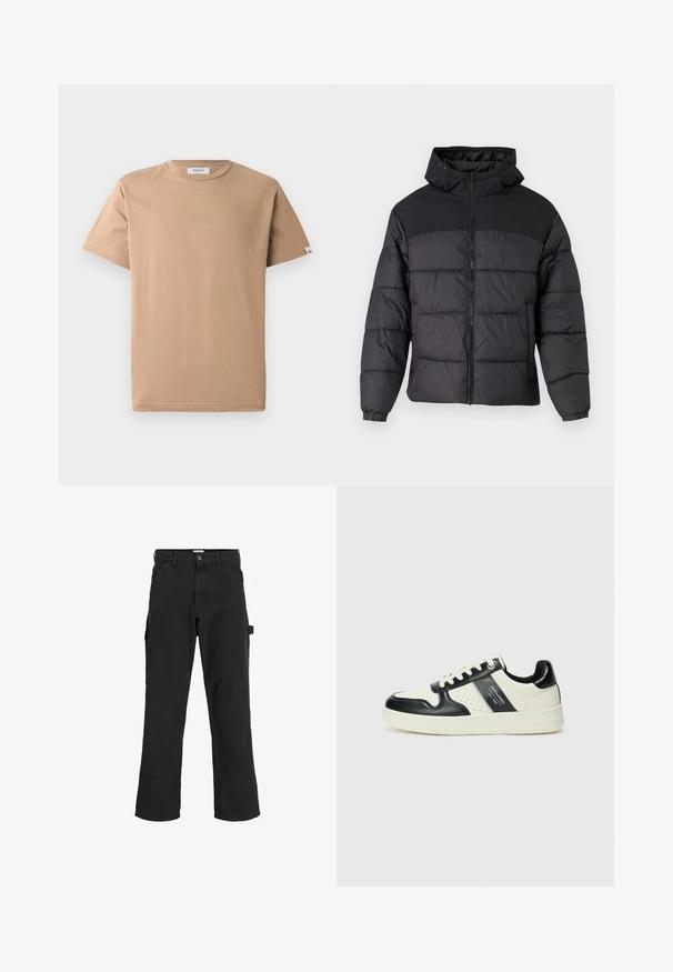 Melns pūka mētelis ar kapuci, ar rāvējslēdzēja priekšpusi, elastīgām apkaklēm un izšuvumu dizainu. Augšējā daļa ir gluda auduma.; Brūns kokvilnas T-krekls ar apaļu dekoltē, īsām piedurknēm un smalku reljefu "REPLAY" logo priekšpusē. Gluda tekstūra, ikdienišķs piegriezums.; Melnas cargo bikses no kokvilnas maisījuma auduma. Iekļauj plašas kājas, priekšējās slīpās kabatas un sānu kabatu ar cilpu aksesuāriem.; Ādas sporta apavi ar melnbaltu krāsu shēmu, ar perforētiem akcentiem, mīkstinātu apkakli un teksturētu zoli.