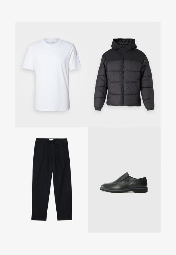 Svart puffjacka med huva, med dragkedja fram, elastiska ärmslut och en kviltad design. Översta delen har en slät tygkvalitet.; Kortärmad vit t-shirt i bomull. Har en rundad halsringning och en liten broderad logotyp på vänster bröst.; Pier One Chinos - black; Svart lädersko i slip-on-modell med en slät ovandel, sömnadsdetaljer, rund tå och låg gummihäl. Sulan har minimal mönstring.