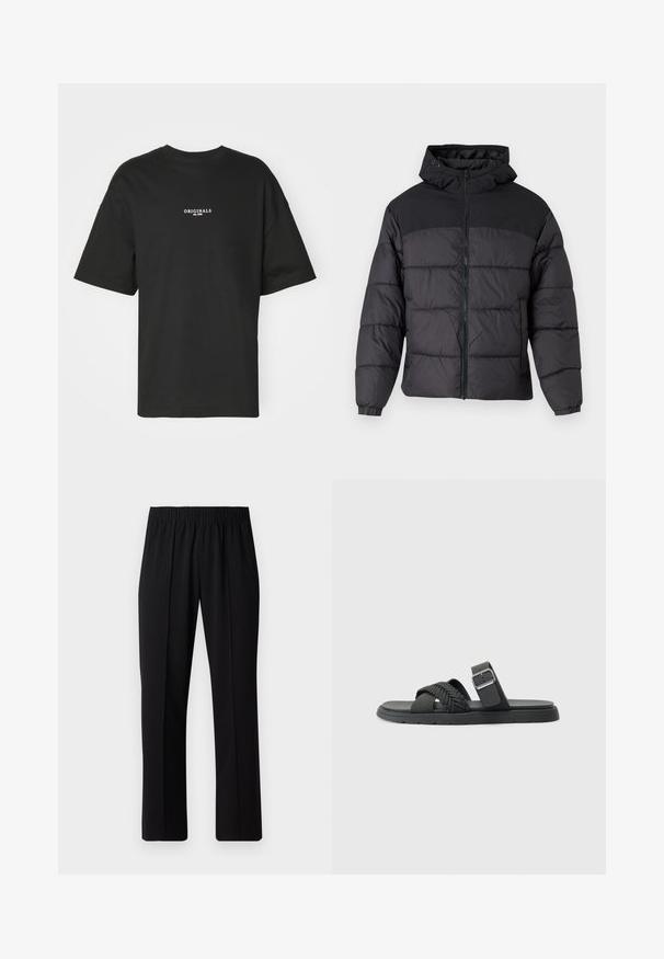 Fekete puffernadrág kapucnival, elöl cipzáros, rugalmas mandzsettákkal és steppelt dizájnnal. A felső része sima anyagból készült.; Fekete, rövid ujjú pamut póló, fehér "ORIGINALS est. 1970" nyomattal a mellkasán, laza szabással és kerek nyakkivágással.; Fekete, gumíros derekú nadrág egyenes szabással, sima felülettel, látható minták vagy fémrészek nélkül.; Fekete szandál, fonott pántokkal, lapos talppal és csatolt bokapánttal. Szintetikus anyagból készült, sima felülettel.