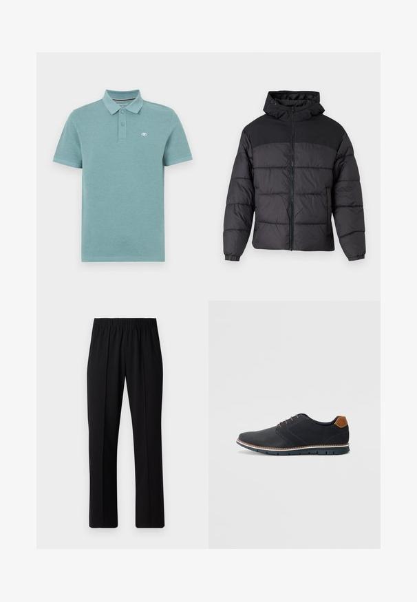 Melns pūka mētelis ar kapuci, ar rāvējslēdzēja priekšpusi, elastīgām apkaklēm un izšuvumu dizainu. Augšējā daļa ir gluda auduma.; Polo krekls gaiši tirkīza krāsā, ar īsām piedurknēm, polo apkakli ar divām pogām, ar nelielu logotipu kreisajā krūtī, gluda kokvilnas audums.; Melni elastīgi bikses ar taisnas kājas dizainu, ar gludu tekstūru un bez redzamām zīmēm vai detaļām.; Melni sintētiskie apavi ar struktūru augšdaļā, gludu akcentu, brūnu papēdi un kontrastējošu zoli. Iezīmē minimālu šņorēšanu un šuvju detaļas.
