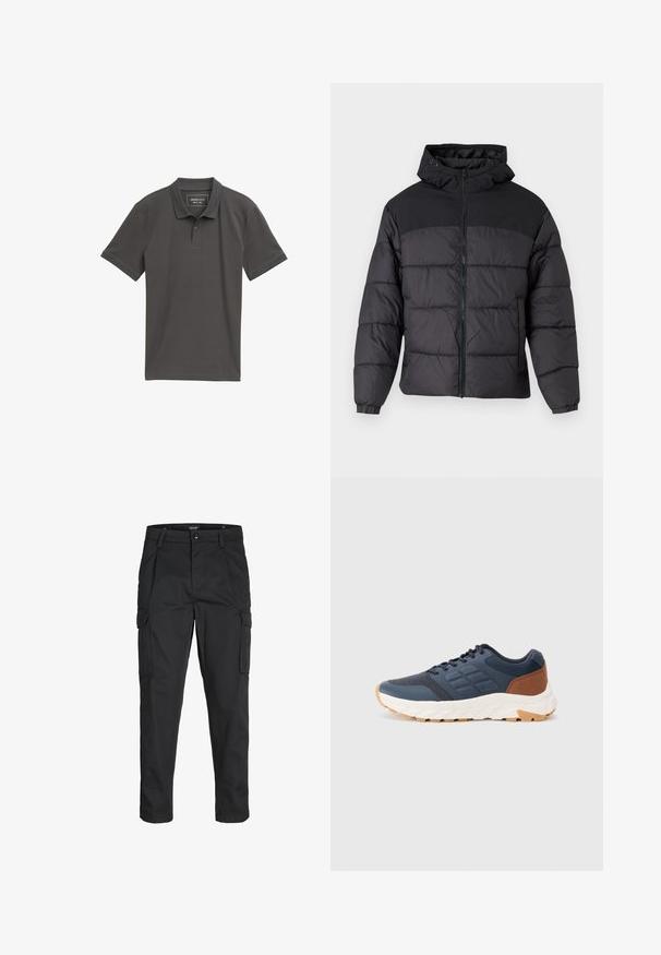 Čierna pufková bunda s kapucňou, so zipsom na prednej strane, elastickými manžetami a prešívaným dizajnom. Horná časť je z hladkej látky.; Poloko v antracitovej farbe vyrobené z textúrovaného materiálu, s troch tlačidlami na zapínanie, krátkymi rukávmi a jemným logom na hrudi.; Čierne cargo nohavice z odolnej látky, s viacerými vreckami, gombíkovým zapínaním a úzkym strihom so zúženými nohavicami.; Námornícky modré športové topánky s hnedým akcentom na päte, textúrovaný sieťovinový zvršok, polstrovaný golier a biela gumová podrážka s vzorovaným dezénom.