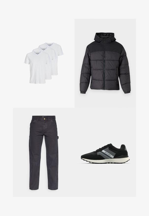 Black puffer jacket with a hood, featuring a zip front, elastic cuffs, and a quilted design. Upper section is smooth fabric.; Three white short-sleeve V-neck t-shirts made of cotton, featuring a simple design with contrasting neckline and subtle brand logo on the inside.; Dark gray cargo pants made of durable fabric, featuring a straight-leg cut, five pockets, and a button closure at the waist.; Black athletic sneakers with a textured upper, grey accents, laces, and a lightweight white sole. Features brand logo on the side.