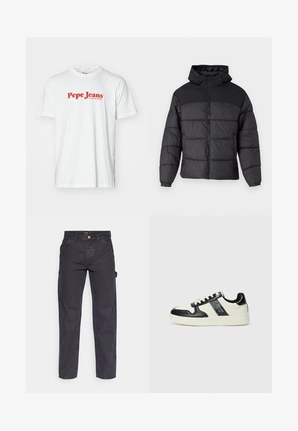 Melns pūka mētelis ar kapuci, ar rāvējslēdzēja priekšpusi, elastīgām apkaklēm un izšuvumu dizainu. Augšējā daļa ir gluda auduma.; Balta kokvilnas T-krekls ar sarkanu "Pepe Jeans" logo tekstu. Īsas piedurknes un apaļa kakla izgriezums, standarta piegriezums un nav redzamu rakstu.; Tumši pelēki kravas bikses, kas izgatavotas no izturīga auduma, ar taisnu piegriezumu, piecām kabatām un pogu aizdari viduklī.; Ādas sporta apavi ar melnbaltu krāsu shēmu, ar perforētiem akcentiem, mīkstinātu apkakli un teksturētu zoli.