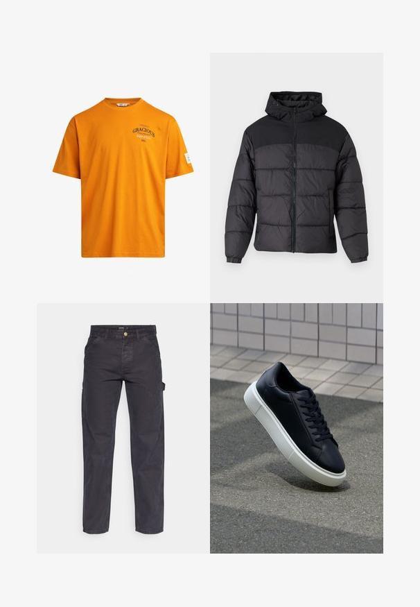 Czarna kurtka puchowa z kapturem, z zamkiem z przodu, elastycznymi mankietami i pikowanym wzorem. Górna część jest z gładkiego materiału.; Pomarańczowa bawełniana koszulka z krótkim rękawem, okrągłym dekoltem i nadrukowanym tekstem. Posiada metkę na lewym rękawie oraz prosty dół.; Ciemnoszare spodnie cargo wykonane z trwałej tkaniny, z prostymi nogawkami, pięcioma kieszeniami i zapięciem na guzik w talii.; Czarne skórzane sneakersy z okrągłym noskiem i białą gumową podeszwą. Posiadają płaskie sznurowadła i minimalne przeszycia na cholewce. Teksturowana podeszwa zapewnia przyczepność.