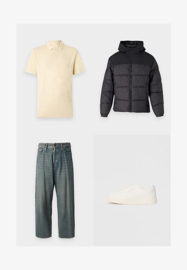 Črna puhovka s kapuco, z zadrgo spredaj, elastičnimi manšetami in kvačkanjem. Zgornji del je iz gladkega materiala.; Bledo rumena polo majica s kratkimi rokavi in ovratnikom, štirimi gumbi in žepom na levi strani prsnega koša. Teksturni material z subtilnim leskom.; Svetlomoderne kavbojke z ohlapnim krojem, srednjim pasom in ravnimi nogami. Imajo pet žepov, zanke za pas in zapiranje na gumb.; Bele zapete brez vezalk z teksturirano površino, debelim podplatom in minimalističnim dizajnom. Na strani se nahaja logotip blagovne znamke.