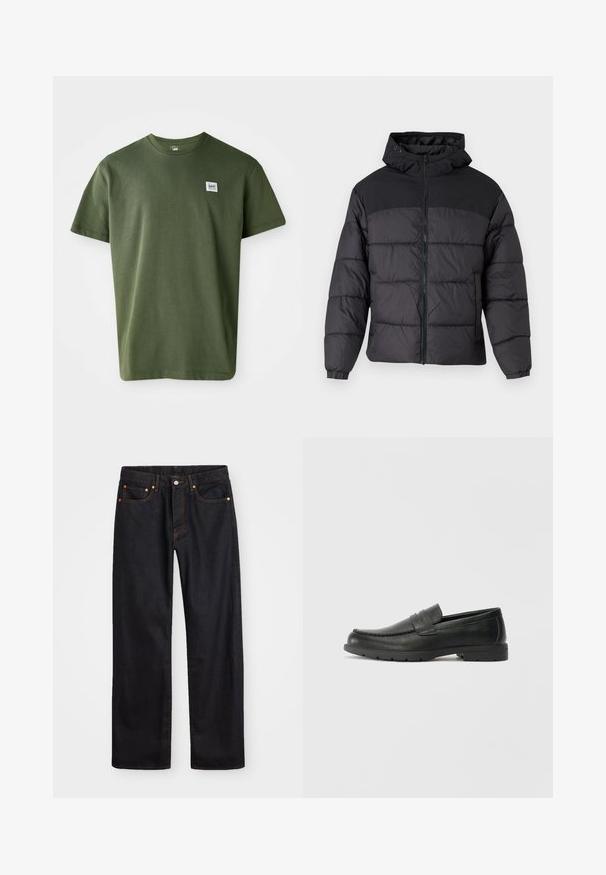 Mustas puffy jakk, millel on kapuuts, esi tõmblukk, elastsed varrukaotsad ja qm vapustav värveldisain. Ülemine osa on siledast kangast.; Olive roheline puuvillane T-särk ümmarguse kaelusega, lühikeste varrukatega ja väikese logoga plaastriga vasakul rinnal. Sile tekstuur, mugav lõige.; Meeste sirge jala mustad denim teksad viie taskuga, oranž õmblus, nupu ja tõmblukuga ees nagu vöökoht.; Musthave nahkkingad siledast nahast, mokassiini stiilis ülevalt, tikanditega ja kummist tallaga. Klassikaline disain madala kontsaga.