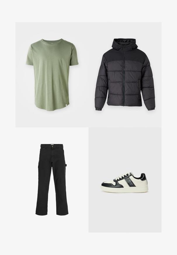 Čierna pufková bunda s kapucňou, so zipsom na prednej strane, elastickými manžetami a prešívaným dizajnom. Horná časť je z hladkej látky.; Tričko s krátkym rukávom v svetlozelenej farbe, mäkká tkanina, okrúhly výstrih, rovný lem, s malou štítkovou detailou v dolnom ľavom rohu.; Čierne cargo nohavice z bavlnenej zmesi. Majú široké nohy, predné šikmé vrecká a bočné vrecko s očkom na doplnky.; Kožené tenisky v čierno-krémovej farbe, s perforovanými akcentmi, polstrovaným golierom a štruktúrovanou podrážkou.