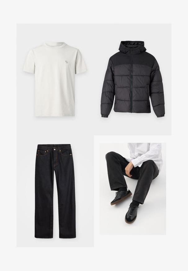 Sort pufferjakke med hætte, med lynlåslukning, elastiske manchetter og en quilted design. Øverste sektion er lavet af glat stof.; Kortærmet T-shirt i lys beige bomuld, med et lille broderet hjortelogo på venstre bryst. Rund hals med standard pasform.; Mænds lige ben sorte denim jeans med fem lommer og orange syninger, knap- og lynlåslukning foran på taljen.; Sorte sneakers med en glat og tekstureret overdel, der har en gummisål og mørke snørebånd. Bæret sammen med sorte jeans og en hvid stribet skjorte.