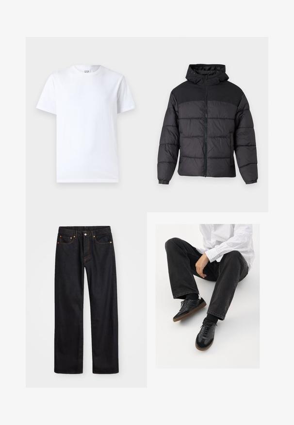 Svart puffjakke med hette, med glidelås foran, elastiske mansjetter og quiltet design. Øvre del har glatt stoff.; Hvit bomulls T-skjorte med rund hals og korte ermer. Enkelt design uten mønstre eller grafikk, med GAP-merke på kragen.; Men's straight-leg svarte denim jeans med fem lommer og oransje søm, knapp og glidelås lukking foran på midjen.; Svarte joggesko med en glatt og teksturert overflate, med gummisåle og mørke snører. Kombinert med svarte jeans og en hvit stripet skjorte.
