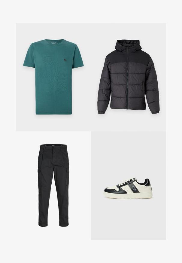 Mustas puffy jakk, millel on kapuuts, esi tõmblukk, elastsed varrukaotsad ja qm vapustav värveldisain. Ülemine osa on siledast kangast.; Lühikeste varrukatega, ümmarguse kaelusega t-särk teal- värvi puuvillast. Ees on väike must logo ja sellel on sile ning pehme tekstuur.; Mustad mustapõlvik, mis on valmistatud tugeva koe kasutades, sisaldab mitmeid taskuid, nupule kinnitatav sulgemine ja kitsenev disain.; Nahatud nahkkingad musta ja kreemi värviskeemiga, millel on perforeeritud aktsendid, pehme krae ja tekstureeritud tallad.