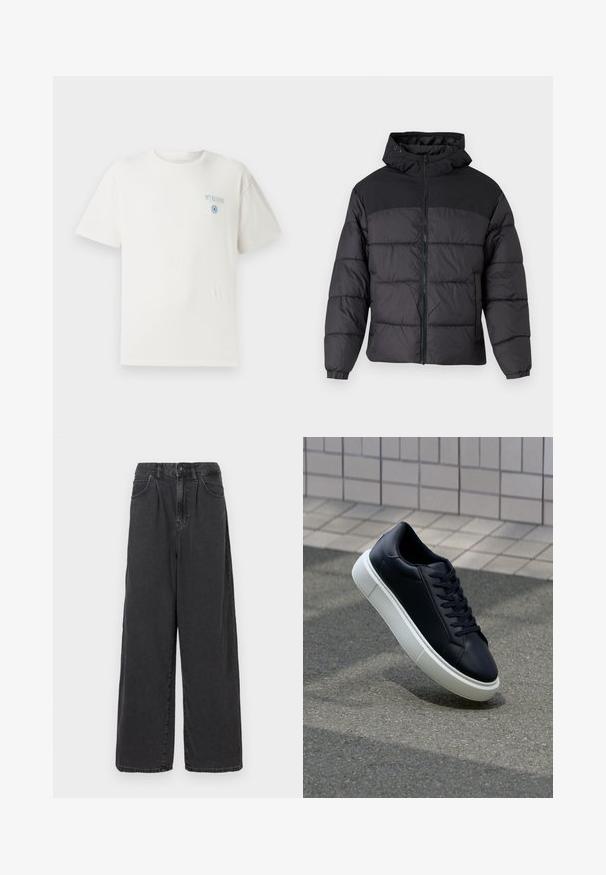 Črna puhovka s kapuco, z zadrgo spredaj, elastičnimi manšetami in kvačkanjem. Zgornji del je iz gladkega materiala.; Bela bomba majica iz bombaža s krojem na vrat, kratkimi rokavi in modrim grafičnim napisom "MYKONOS" na levi strani prsnega koša, ki vsebuje krožno oblikovno komponento.; Široke hlače iz črnega denima z visokim pasom, z zapiranjem na gumb in zadrgo spredaj, ki imajo stranske žepe in gladko teksturo.; Črne usnjene superge z zaobljenim prstom in belim gumijastim podplat. Imajo ravne vezalke in minimalno šivanje na zgornjem delu. Teksturirani podplat za oprijem.