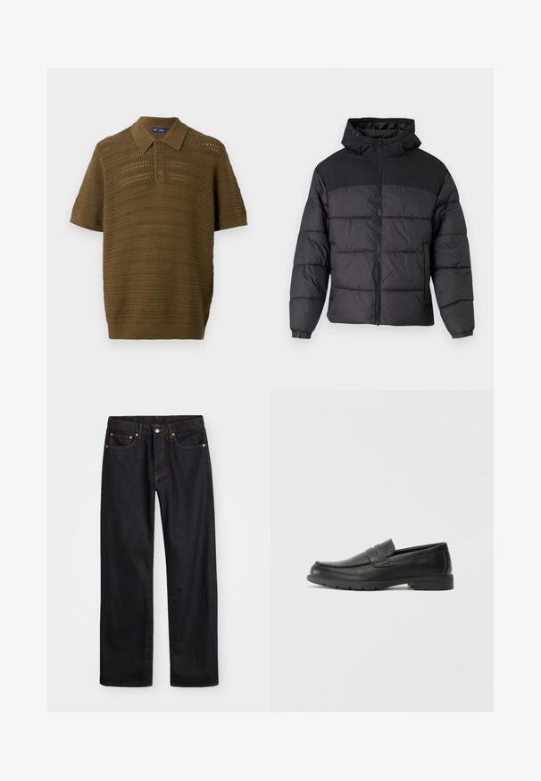 Geacă puffer neagră cu glugă, cu fermoar în față, manșoane elastice și un design matlasat. Secțiunea superioară este dintr-un material neted.; Polo cu mânecă scurtă, de culoare verde măslin, cu un design texturat, din tricot deschis, cu dungi orizontale și guler și tiv ribbed.; Jeans negri din denim pentru bărbați, cu croială dreaptă, cinci buzunare și cusături portocalii, închidere cu nasture și fermoar pe talie.; Labeled cu oglindă din piele neagră cu un finisaj neted, partea superioară în stil mocasin, detalii cusute și o talpă din cauciuc. Design clasic cu un toc jos.