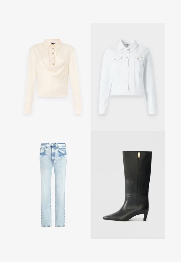 White denim jacket featuring a structured design, two chest pockets, gold-tone buttons, and a cropped length, ideal for casual wear.; Long-sleeve, light cream blouse with a collared neckline, featuring a front placket with six round, gold-tone buttons and a draped fabric design.; Light blue denim jeans with a straight leg design, five pockets, and a faded texture. Features visible stitching and a classic button closure.; Black leather knee-high boot with a pointed toe and a small heel. Features a sleek design with a gold accent detail. Smooth texture.