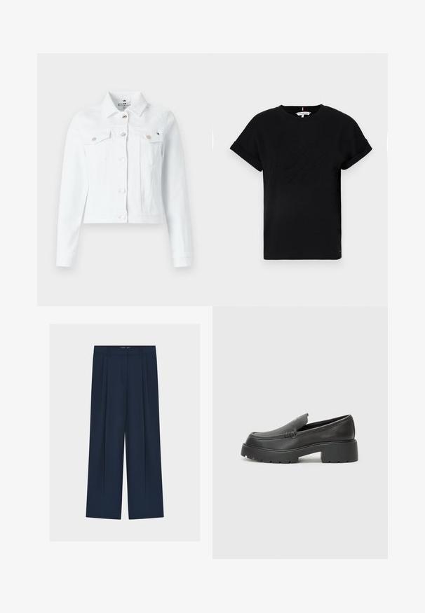 Chaqueta de mezclilla blanca con un diseño estructurado, dos bolsillos en el pecho, botones dorados y un largo corto, ideal para un uso casual.; Camiseta de algodón negra con mangas cortas enrolladas, que presenta un logotipo en relieve en el centro y un pequeño acento de bandera en el lateral.; Pantalones anchos de pierna en azul marino con cintura alta, diseño plisado, tejido suave y cierre frontal oculto.; Mocasines de piel negra con punta redondeada, suela texturizada gruesa y mínimos detalles de costura. Diseño elegante sin cordones o herrajes visibles.