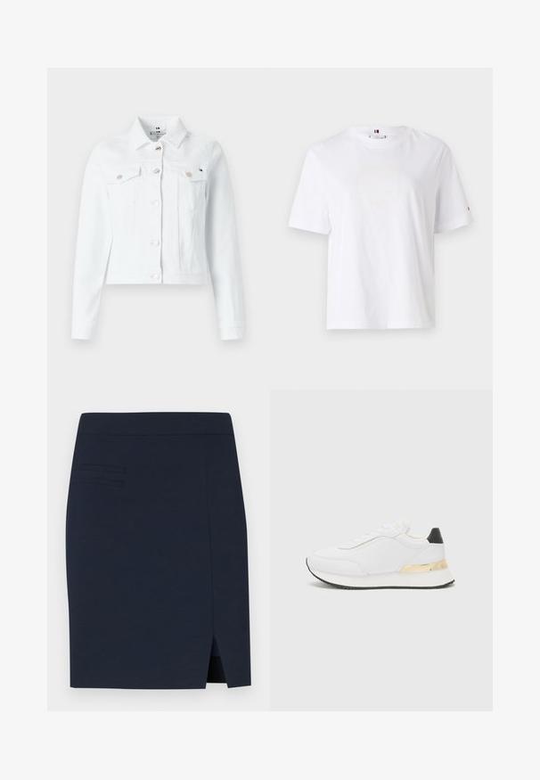 Veste en denim blanc avec un design structuré, deux poches poitrine, des boutons dorés et une longueur courte, idéale pour un style décontracté.; T-shirt en coton blanc avec un col rond, des manches courtes et un design de logo jaune subtil indiquant "HILFIGER NEW YORK 1985". Coupe standard.; Jupe ajustée bleu marine en tissu lisse, avec une fente au dos et trois détails de couture horizontaux au niveau de la poche avant.; Baskets blanches au fini lisse, avec un accent noir au niveau du talon et un détail métallique doré sur la semelle intermédiaire. Design à lacets, semelle en caoutchouc.