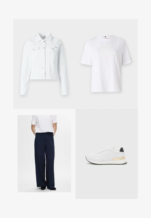 White denim jacket featuring a structured design, two chest pockets, gold-tone buttons, and a cropped length, ideal for casual wear.; White cotton T-shirt with a crew neck, short sleeves, and subtle yellow logo design reading "HILFIGER NEW YORK 1985." Standard fit.; Selected Femme SLFTINNI RELAXED WIDE PANT - Trousers - dark sapphire; White sneaker with a smooth finish, featuring a black heel accent and a gold metallic detail on the midsole. Lace-up design, rubber sole.