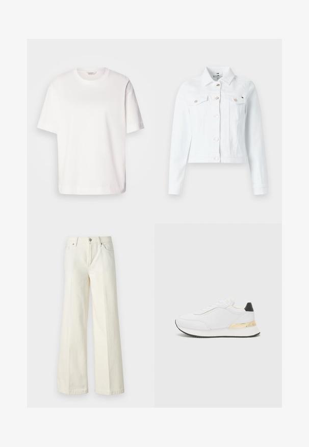 Casaco de ganga branco com um design estruturado, duas bolsas no peito, botões dourados e um comprimento curto, ideal para um estilo casual.; T-shirt de algodão branco com mangas curtas, decote redondo, corte solto e textura suave; sem padrões ou hardware visível.; Calças jeans brancas de perna larga, feitas de tecido de algodão misto. Apresentam fecho de correr, design de cinco bolsos e costura ao longo das costuras.; Sneaker branco com acabamento liso, apresentando um detalhe preto no calcanhar e um detalhe metálico dourado na entressola. Design com cadarço, sola de borracha.