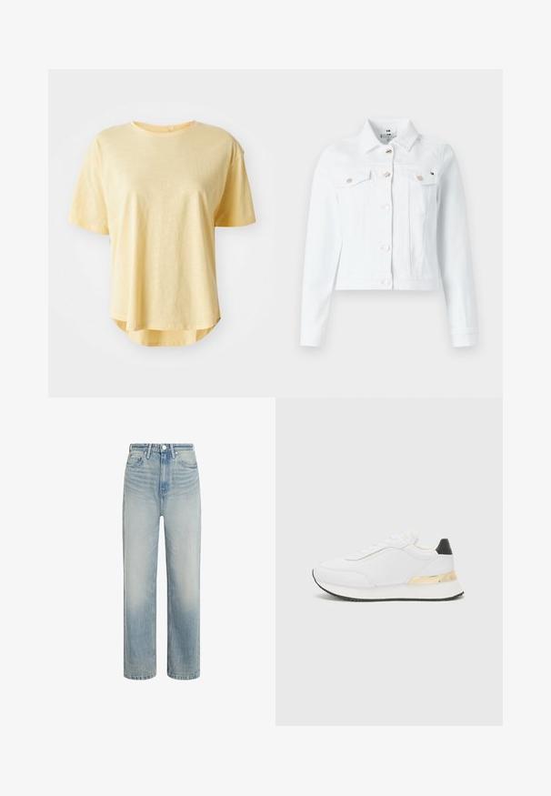 Biela denimová bunda so štruktúrovaným dizajnom, dvoma náprsníkmi, zlatými gombíkmi a skrátenou dĺžkou, ideálna na každodenné nosenie.; Žlté tričko s krátkym rukávom, vo voľnom strihu, s okrúhlym výstrihom, mierne zakriveným lemom a mäkkou textúrou látky.; Svetlomodré džínsy s rovnou nohavicou, vysokým pásom a vyblednutou textúrou. Obsahujú predné zapínanie na gombík a klasický dizajn s piatimi vreckami.; Biele tenisky s hladkým povrchom, s čiernym akcentom na päte a zlatým kovovým detailom na medzipodrážke. Šnurovací dizajn, gumová podrážka.