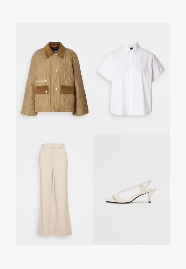 Jachetă bej matlasată cu guler din catifea, două buzunare frontale și un buzunar cu fermoar. Prezintă accesorii aurii și un design cu o croială lejeră.; Cămașă albă cu mânecă scurtă, cu nasturi, guler ascuțit și margine curbă. Fabricată din bumbac, cu o textură netedă și fără modele vizibile.; Pantaloni bej cu croi larg, cu o textură netedă, având o talie înaltă și două buzunare frontale. Design curat cu o croială adaptată.; Sandale bej cu toc bloc, cu bretele subțiri și vârf pătrat. Material neted cu detalii minime, concepute pentru a fi ușor de purtat.