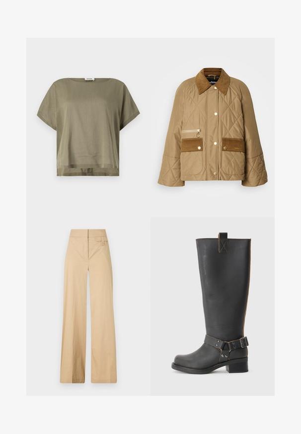 Gestepptes beiges Jackett mit Cordkragen, zwei Fronttaschen und einer Reißverschlusstasche. Mit goldenem Zubehör und einem entspannten Schnitt.; Olivgrünes, kurzärmliges Oberteil aus leichtem Stoff, mit lockerer Passform und geradem Saum. Minimalistisches Design mit rundem Ausschnitt.; Beige weite Hosen aus Baumwollmischgewebe. Sie haben eine glatte Textur, einen elastischen Bund und eine seitliche Knopfdetail.; Schwarze Leder-Stiefel bis zum Knie mit strukturiertem Finish, seitlichem Schnallenakzent und niedrigem Absatz. Detaillierte Steppnähte entlang der Nähte.