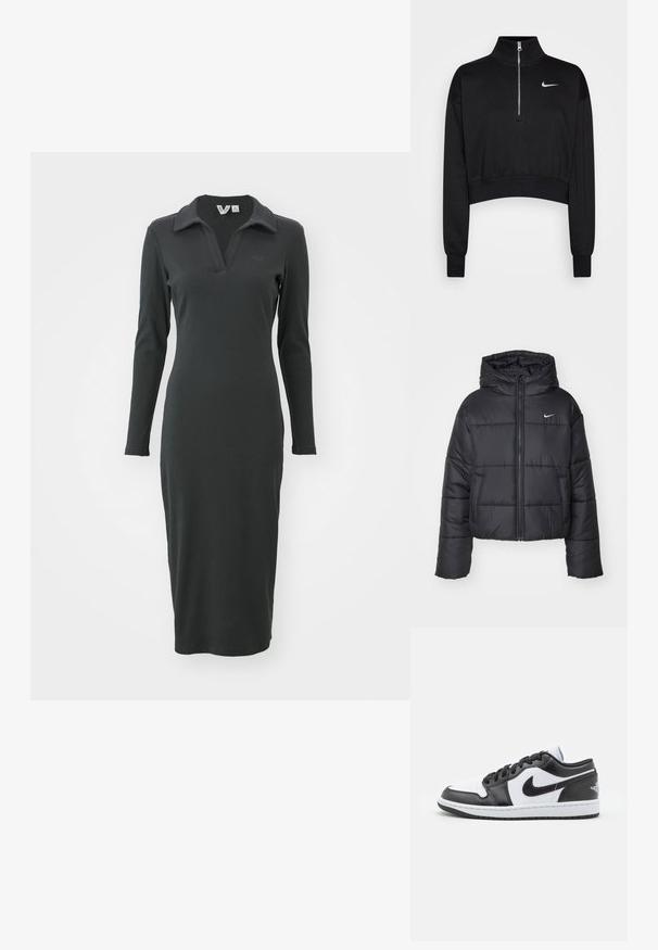 Veste matelassée noire en nylon, avec fermeture éclair sur le devant, capuche et deux poches avant. Le design comprend des sections cousues et un petit logo.; Sweatshirt noir court avec un col haut, fermeture à moitié zippée, poignets en côte et un petit logo Nike blanc sur la poitrine gauche. Texture de tissu doux.; Robe noire à manches longues en maille côtelée, avec un col polo et une fente en bas. Présente un logo discret sur la poitrine. Design élégant et ajusté.; Des baskets basses Nike en noir et blanc présentent un cuir lisse sur le dessus, un bout rond, un système de laçage et une semelle extérieure en caoutchouc à motifs.