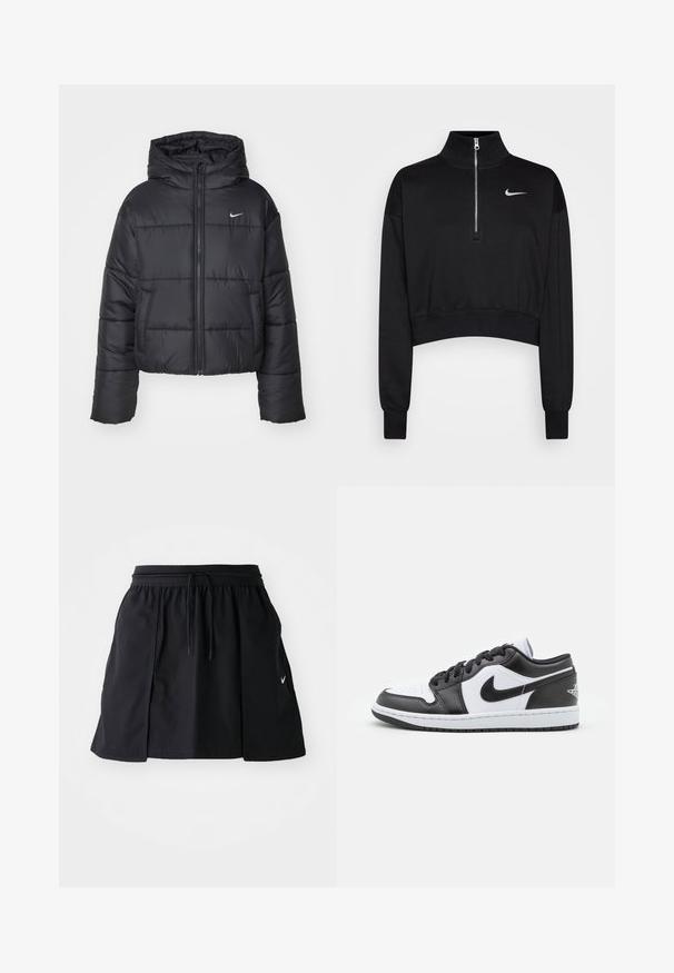 Casaco puffer preto feito de nylon, com fecho éclair à frente, capuz e dois bolsos frontais. O design inclui secções cosidas e um pequeno logo.; Sweatshirt preto cortado com colarinho alto, fecho de meia-zíper, punhos com nervuras e um pequeno logótipo branco da Nike no lado esquerdo do peito. Tecido de textura suave.; Saia desportiva preta com cintura elástica e cordão ajustável. Apresenta fendas laterais, tecido leve e um pequeno logótipo na bainha.; As sapatilhas Nike de cano baixo, em preto e branco, apresentam um cabedal em couro liso, bico redondo, fecho com atacadores e uma sola de borracha com padrão.