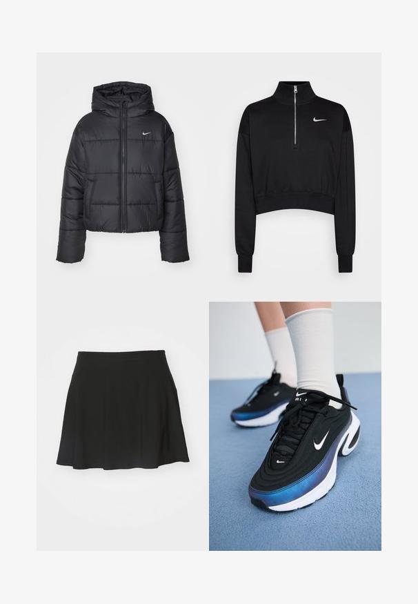 Chaqueta de plumas negra hecha de nailon, con cierre de cremallera frontal, capucha y dos bolsillos delanteros. El diseño incluye secciones cosidas y un pequeño logotipo.; Sudadera negra corta con cuello alto, cierre de media cremallera, puños acanalados y un pequeño logo blanco de Nike en el lado izquierdo del pecho. Textura de tejido suave.; Falda corta de patinadora negra hecha de un tejido suave, con un diseño acampanado, cintura ancha y textura lisa, sin patrones visibles ni elementos metálicos.; Zapatillas Nike negras con un upper de tejido suave, que presentan un diseño en degradado de azul a negro, suela blanca y acentos de logotipo prominentes.