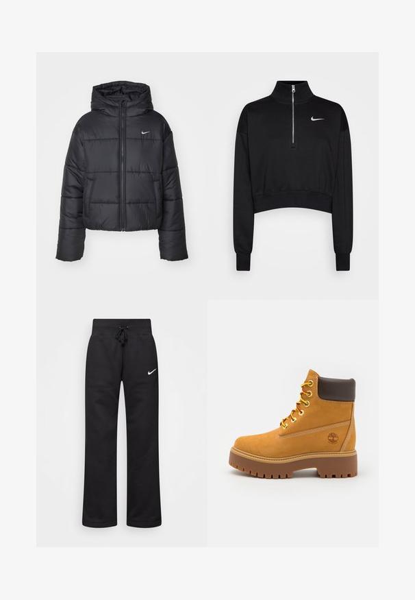 Jachetă puffer neagră din nailon, cu fermoar în față, glugă și două buzunare frontale. Designul include secțiuni cusute și un mic logo.; Sweatshirt scurt negru cu guler înalt, închidere cu fermoar pe jumătate, manșete ribă și un mic logo alb Nike pe pieptul stâng. Textură de material moale.; Pantaloni de sudură negri dintr-un amestec de bumbac, cu un talie elastică cu șnur, picioare drepte și un logo alb Nike pe partea stângă.; Cizmă de gleznă impermeabilă de culoare bej cu o talpă robustă din cauciuc, vârf rotund, guler din piele maro, șireturi galbene și un logo pe lateral.