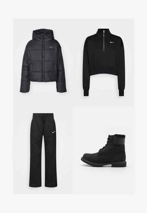 Svart boblejakke laget av nylon, med glidelås i front, hette og to frontlommer. Designet inkluderer sydd seksjoner og en liten logo.; Svart kortermet genser med høy krage, halvdirkjenning, ribbede mansjetter og en liten hvit Nike-logo på venstre bryst. Myk stofftekstur.; Sorte joggebukser laget av en bomullsblanding, med strikk i midjen, rette ben, og en hvit Nike-logo på venstre side.; Svart lær ankelstøvlett med rund tå, snøring foran, imitasjonspelskrage og gummisåle. Har et merke på siden.