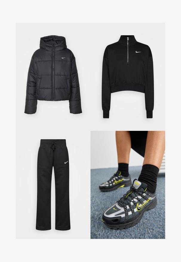 Fekete pehelydzseki, amely nejlonból készült, elöl cipzárral, kapucnival és két elülső zsebbel rendelkezik. A dizájnja varrott részeket és egy kis logót tartalmaz.; Fekete, rövidített pulóver magas gallérral, fél cipzárral, bordázott mandzsettákkal és egy kis fehér Nike logóval a bal mellen. Puha szövet textúra.; Fekete pamut keverékból készült melegítőnadrág, húzózsinórral ellátott derékkal, egyenes szárakkal és fehér Nike logóval a bal oldalon.; Fekete és szürke sportcipők fényvisszaverő ezüst díszítésekkel, texturált hálós panelek és élénk sárga részletek. Fűzős kialakítás, strukturált talppal.