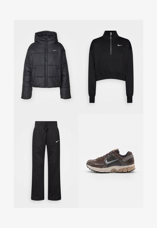 Jachetă puffer neagră din nailon, cu fermoar în față, glugă și două buzunare frontale. Designul include secțiuni cusute și un mic logo.; Sweatshirt scurt negru cu guler înalt, închidere cu fermoar pe jumătate, manșete ribă și un mic logo alb Nike pe pieptul stâng. Textură de material moale.; Pantaloni de sudură negri dintr-un amestec de bumbac, cu un talie elastică cu șnur, picioare drepte și un logo alb Nike pe partea stângă.; Nike Sportswear ZOOM VOMERO 5 - Sneakers low - baroque brown/chrome/light orewood brown/hemp/black/white