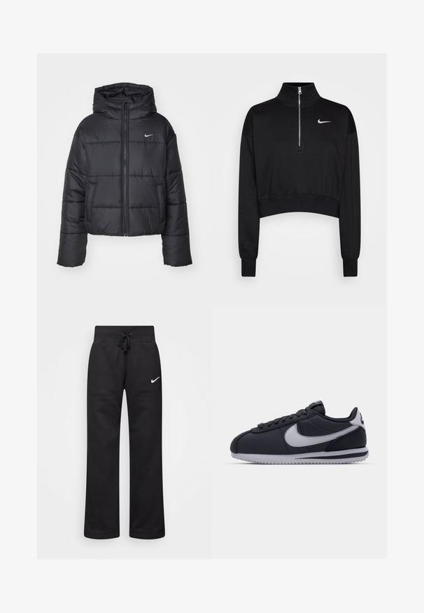 Casaco puffer preto feito de nylon, com fecho éclair à frente, capuz e dois bolsos frontais. O design inclui secções cosidas e um pequeno logo.; Sweatshirt preto cortado com colarinho alto, fecho de meia-zíper, punhos com nervuras e um pequeno logótipo branco da Nike no lado esquerdo do peito. Tecido de textura suave.; Calças de moletão pretas feitas de uma mistura de algodão, com um cós elástico ajustável, pernas retas e um logo da Nike branco no lado esquerdo.; Sapatilha desportiva preta com pormenores cinzentos, upper sintético liso, sola texturizada, bico arredondado e atacadores planos. Design clássico com detalhe do logótipo.