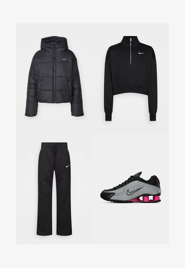 Czarna kurtka puchowa wykonana z nylonu, z zapięciem na zamek, kapturem i dwiema przednimi kieszeniami. Projekt zawiera przeszywane sekcje oraz małe logo.; Czarna, skrócona bluza z wysokim kołnierzem, pół-zamek, ściągacze na rękawach i małe białe logo Nike po lewej stronie klatki piersiowej. Miękka faktura tkaniny.; Czarne dresy wykonane z mieszanki bawełny, z elastycznym pasem ze sznurkiem, prostymi nogawkami i białym logo Nike po lewej stronie.; Czarnobiałe buty do biegania Nike w odcieniach czerni i szarości z różowymi, sprężynowymi obcasami i czarnymi sznurowadłami, zaprezentowane od wewnętrznej strony na białym tle.