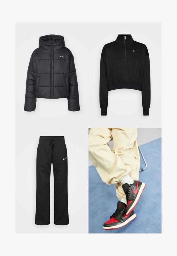 Svart boblejakke laget av nylon, med glidelås i front, hette og to frontlommer. Designet inkluderer sydd seksjoner og en liten logo.; Svart kortermet genser med høy krage, halvdirkjenning, ribbede mansjetter og en liten hvit Nike-logo på venstre bryst. Myk stofftekstur.; Sorte joggebukser laget av en bomullsblanding, med strikk i midjen, rette ben, og en hvit Nike-logo på venstre side.; Svarte og røde lær sneakers med hvit såle, med en fremtredende rød swoosh og Jordan-logo, parret med kremfargede bukser.