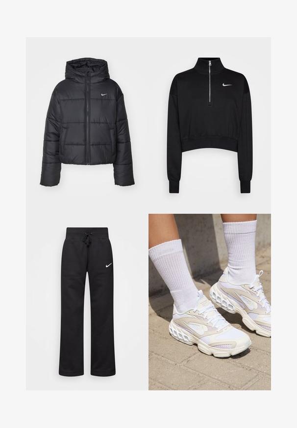 Must värvi puffer-jakk, mis on valmistatud nailonist, omab lukuga esiosa, kapuutsi ja kahte esimest taskut. Disain sisaldab õmmeldud sektsioone ja väikest logo.; Must mustraga tuunik, millel on kõrge kaelus, pool-kratiga lukuga sulgemine, soonikkoes varrukad ning väike valge Nike logo vasakul rinnal. Pehme kangatunne.; Mustad puuvillasegistusega mustad dressipüksid, millel on paelaga vöökoht, sirged jalad ja vasakul küljel valge Nike logo.; Nike Sportswear ZOOM AIR FIRE - Tossud - pearl white/white/pale ivory/iced lilac/barely green