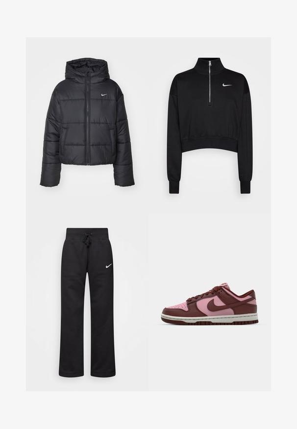 Must värvi puffer-jakk, mis on valmistatud nailonist, omab lukuga esiosa, kapuutsi ja kahte esimest taskut. Disain sisaldab õmmeldud sektsioone ja väikest logo.; Must mustraga tuunik, millel on kõrge kaelus, pool-kratiga lukuga sulgemine, soonikkoes varrukad ning väike valge Nike logo vasakul rinnal. Pehme kangatunne.; Mustad puuvillasegistusega mustad dressipüksid, millel on paelaga vöökoht, sirged jalad ja vasakul küljel valge Nike logo.; Nike Dunk sneakerid roosast ja pruunist nahast disainiga, madala profiiliga, tekstuurse tallaga ja sobivate paeltega.