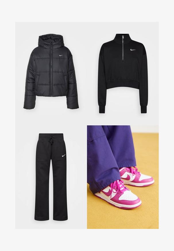 Giubbotto imbottito nero in nylon, con zip frontale, cappuccio e due tasche frontali. Il design presenta sezioni cucite e un piccolo logo.; Felpa nera corta con colletto alto, chiusura a mezzo zip, polsini a coste e un piccolo logo Nike bianco sul petto sinistro. Tessuto morbido.; Pantaloni sportivi neri realizzati in misto cotone, con vita elasticizzata regolabile, gambe dritte e logo bianco Nike sul lato sinistro.; Sneakers Nike Dunk con tomaia in pelle bianca e dettagli in pelle rosa. Caratteristiche includono punta rotonda, perforazioni e lacci piatti rosa.