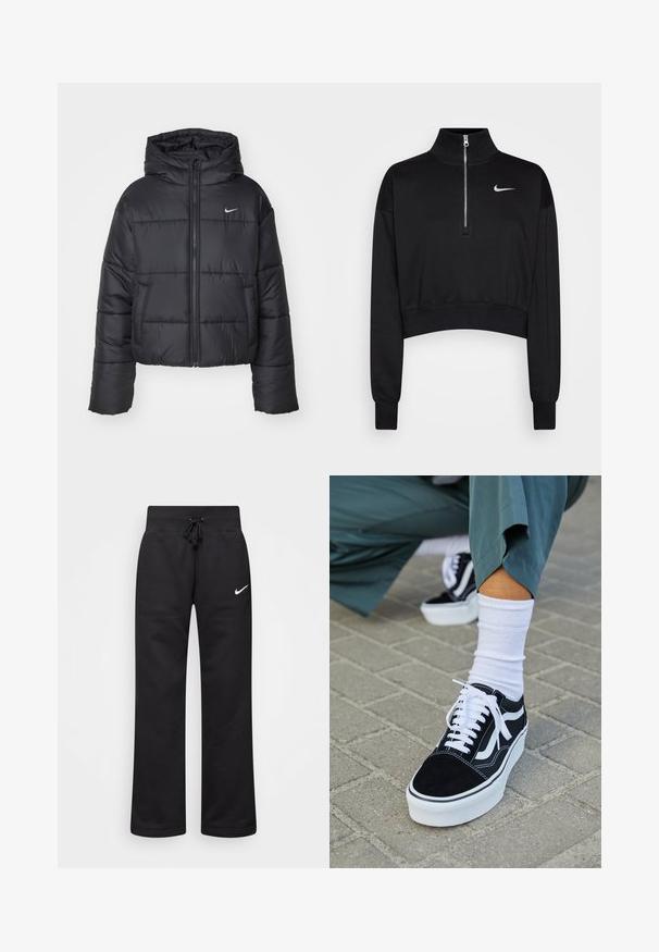 Veste matelassée noire en nylon, avec fermeture éclair sur le devant, capuche et deux poches avant. Le design comprend des sections cousues et un petit logo.; Sweatshirt noir court avec un col haut, fermeture à moitié zippée, poignets en côte et un petit logo Nike blanc sur la poitrine gauche. Texture de tissu doux.; Pantalons de survêtement noirs en mélange de coton, dotés d'une taille élastique avec cordon de serrage, de jambes droites et d'un logo Nike blanc sur le côté gauche.; Baskets en suède noir avec des accents et des lacets blancs, présentant une épaisse semelle blanche et des coutures contrastantes, associées à une chaussette blanche.