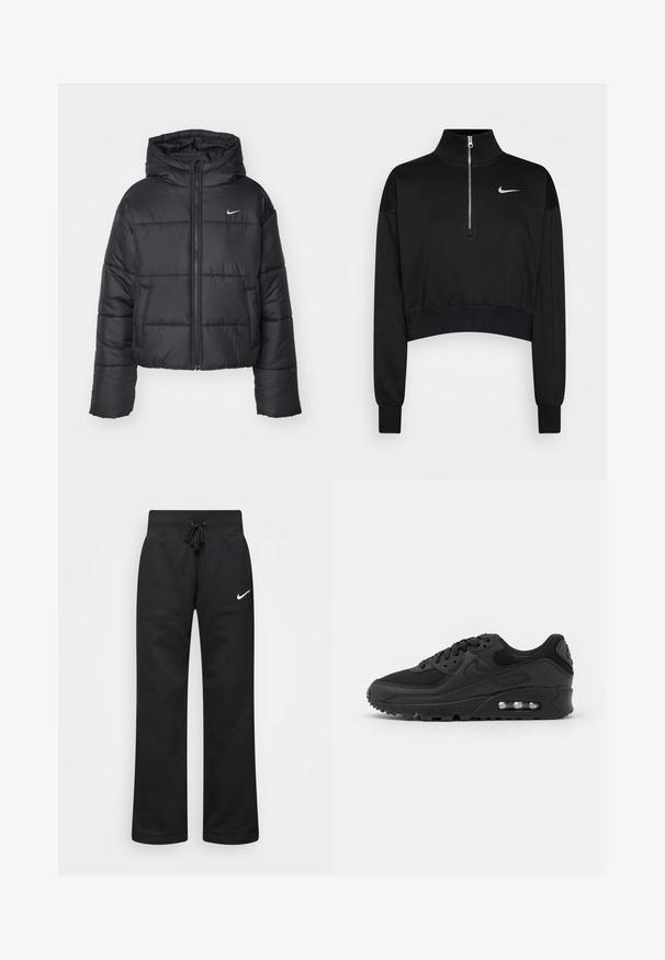 Jachetă puffer neagră din nailon, cu fermoar în față, glugă și două buzunare frontale. Designul include secțiuni cusute și un mic logo.; Sweatshirt scurt negru cu guler înalt, închidere cu fermoar pe jumătate, manșete ribă și un mic logo alb Nike pe pieptul stâng. Textură de material moale.; Pantaloni de sudură negri dintr-un amestec de bumbac, cu un talie elastică cu șnur, picioare drepte și un logo alb Nike pe partea stângă.; Pantofi sport negri cu un superior din piele netedă și plasă, vârf rotund, accente texturate și o unitate de aer vizibilă în talpă.