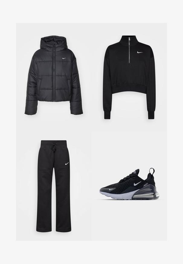 Must värvi puffer-jakk, mis on valmistatud nailonist, omab lukuga esiosa, kapuutsi ja kahte esimest taskut. Disain sisaldab õmmeldud sektsioone ja väikest logo.; Must mustraga tuunik, millel on kõrge kaelus, pool-kratiga lukuga sulgemine, soonikkoes varrukad ning väike valge Nike logo vasakul rinnal. Pehme kangatunne.; Mustad puuvillasegistusega mustad dressipüksid, millel on paelaga vöökoht, sirged jalad ja vasakul küljel valge Nike logo.; Musthave mustrendid mustrendipallid mustrendipallid mustritdepervitiird mustritdepervitikaar mustretithris nopuvahal truezid tantundum leggaidasein.