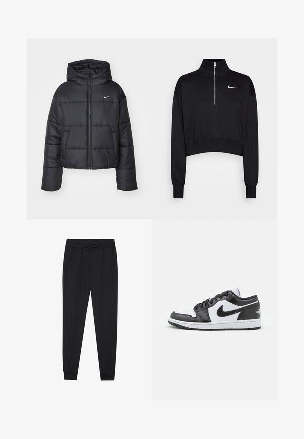 Črna pufasta jakna iz najlona, z zadrgo spredaj, kapuco in dvema sprednjima žepoma. Oblikovanje vključuje šivane dele in majhen logotip.; Črni skrajšan pulover s visokim ovratnikom, pol-zadrgo, rebrastimi manšetami in majhnim belim logotipom Nike na levi strani prsnega koša. Mehka tkanina.; Črne trenirke iz mehkega blaga, z elastičnim pasom in vrvico, zožanimi nogami ter rebrastimi manšeti pri gležnjih.; Črno-bele nizke Nike superge imajo gladek usnjen zgornji del, okroglo konico, vezalni sistem in vzorčasto gumijasto podplat.