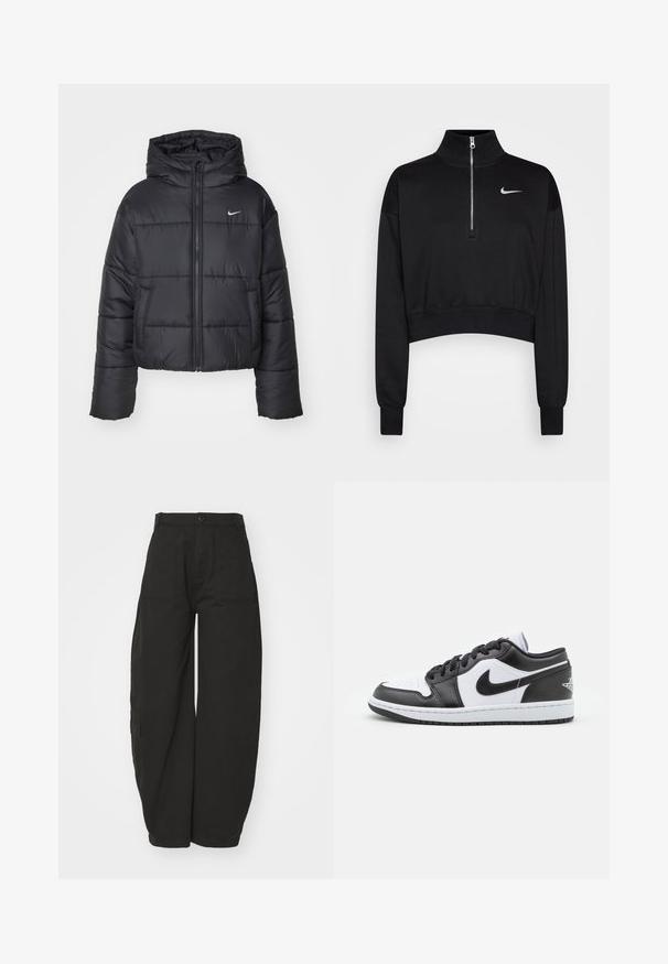 Czarna kurtka puchowa wykonana z nylonu, z zapięciem na zamek, kapturem i dwiema przednimi kieszeniami. Projekt zawiera przeszywane sekcje oraz małe logo.; Czarna, skrócona bluza z wysokim kołnierzem, pół-zamek, ściągacze na rękawach i małe białe logo Nike po lewej stronie klatki piersiowej. Miękka faktura tkaniny.; Szerokie czarne spodnie wykonane z bawełny, z wysokim stanem, zapięciem na guzik z przodu oraz bocznymi kieszeniami dla większej funkcjonalności.; Czarno-białe niskie sneakersy Nike mają górną część wykonaną z gładkiej skóry, okrągły czubek, związane zapięcie oraz wzorzystą gumową podeszwę.