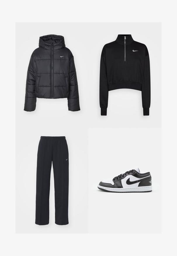Musta puhallettava takki, joka on valmistettu nylonsesta, varustettu vetoketjukiinnityksellä, hupulla ja kahdella etutaskulla. Suunnittelussa on brodeerattuja osia ja pieni logo.; Musta lyhytcropped-huppari, jossa on korkea kaulus, puolivetoketju, ribbireunukset ja pieni valkoinen Nike-logo vasemmassa rinnassa. Pehmeä kankaan rakenne.; Mustat Nike-housut, joissa on joustava vyötärö ja sivutaskut, mihin on painettu pieni valkoinen logo vasempaan jalkaan. Housuissa on suora istuvuus.; Mustat ja valkoiset Nike matalavartiset lenkkarit, joissa on sileä nahkapinta, pyöreä kärki, nauhakiristys ja kuvioitu kumipohja.