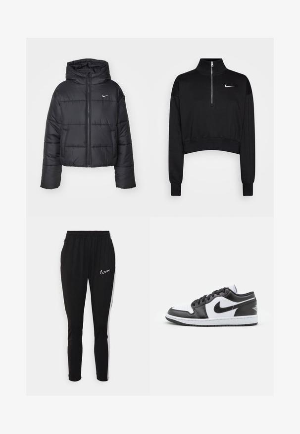 Czarna kurtka puchowa wykonana z nylonu, z zapięciem na zamek, kapturem i dwiema przednimi kieszeniami. Projekt zawiera przeszywane sekcje oraz małe logo.; Czarna, skrócona bluza z wysokim kołnierzem, pół-zamek, ściągacze na rękawach i małe białe logo Nike po lewej stronie klatki piersiowej. Miękka faktura tkaniny.; Czarne sportowe spodnie z elastycznym paskiem w talii, z białym logo Nike i białymi paskami po bokach. Wykonane z gładkiego, elastycznego materiału.; Czarno-białe niskie sneakersy Nike mają górną część wykonaną z gładkiej skóry, okrągły czubek, związane zapięcie oraz wzorzystą gumową podeszwę.