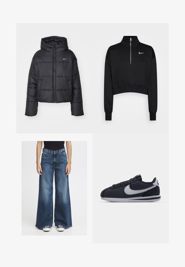 Chaqueta de plumas negra hecha de nailon, con cierre de cremallera frontal, capucha y dos bolsillos delanteros. El diseño incluye secciones cosidas y un pequeño logotipo.; Sudadera negra corta con cuello alto, cierre de media cremallera, puños acanalados y un pequeño logo blanco de Nike en el lado izquierdo del pecho. Textura de tejido suave.; Vaqueros de denim azul de pierna ancha con un acabado deslavado. Presentan un diseño clásico de cinco bolsillos, cierre de botón y un ajuste relajado en la cintura y las caderas.; Zapatilla deportiva negra con acentos grises, parte superior sintética suave, suela texturizada, puntera redondeada y cordones planos. Diseño clásico con detalle del logo.