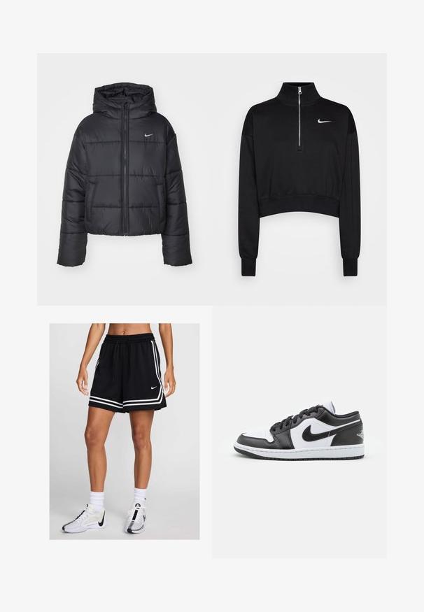 Black puffer jacket made of nylon, featuring a zip front, hood, and two front pockets. The design includes stitched sections and a small logo.; Black cropped sweatshirt with a high collar, half-zip closure, ribbed cuffs, and a small white Nike logo on the left chest. Soft fabric texture.; Black athletic shorts with white stripes, an elastic waistband, and a drawstring feature. Paired with white and black sneakers and socks.; Black and white Nike low-top sneakers feature a smooth leather upper, round toe, lace-up closure, and a patterned rubber outsole.